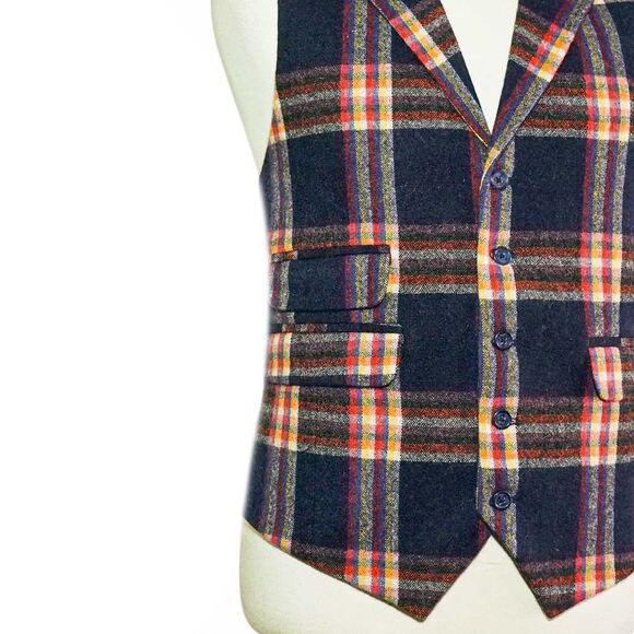 Mens 46R Wool Blue Orange Red Plaid Vest Waistcoat Wedding Party Formal Casual - Picture 6 of 8